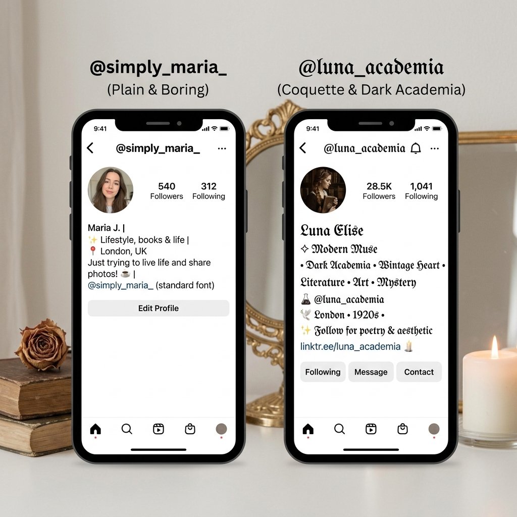 Sıradan bir Instagram biyografisi ile özel cursive fontlar ve minimalist semboller kullanılarak tasarlanmış estetik bir biyografinin yan yana karşılaştırması